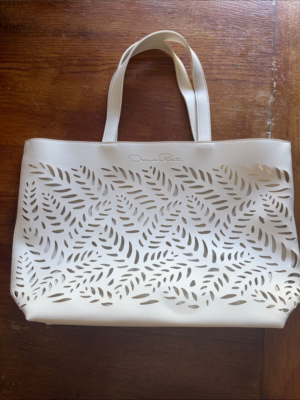 Oscar de la Renta Cream Laser-Cut Leaf Tote